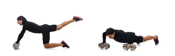 Hombre haciendo ejercicio con mancuernas aisladas en blanco —  Fotos de Stock