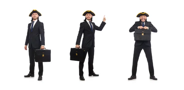 Бізнесмен з триногим і портфелем ізольовані на білому — стокове фото