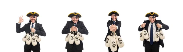 Pirat biznesmen posiadania pieniędzy torby na białym tle — Zdjęcie stockowe