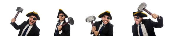 Piratenunternehmer mit Hammer auf Weiß — Stockfoto