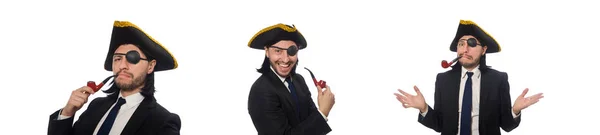 Piraat zakenman met rookpijp geïsoleerd op wit — Stockfoto