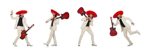 Смішні Мексиканець в костюмі тримає гітару, ізольовані на білому — стокове фото