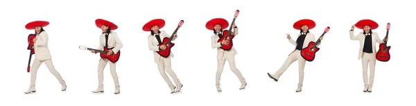 Rolig mexikanska i kostym holding gitarr isolerad på vit — Stockfoto