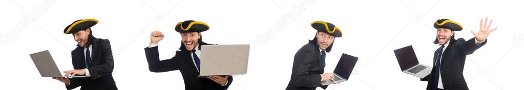 Pirate businessman holding laptop isolated on white
