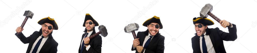 Pirate businessman with hammer isolated on white