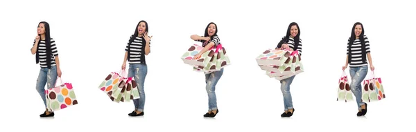 Donna con shopping bags isolata su bianco — Foto Stock