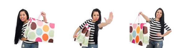 Γυναίκα με τσάντες ψώνια απομονωμένη σε λευκό — Φωτογραφία Αρχείου
