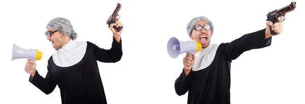 Weird male nun with gun and megaphone — Stock Photo, Image