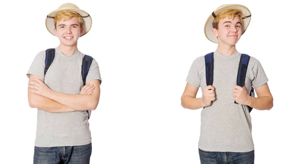 Young boy in cork helmet with backpack — Stock Photo, Image