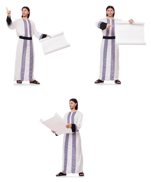 Homem árabe com papel branco isolado sobre branco — Fotografia de Stock