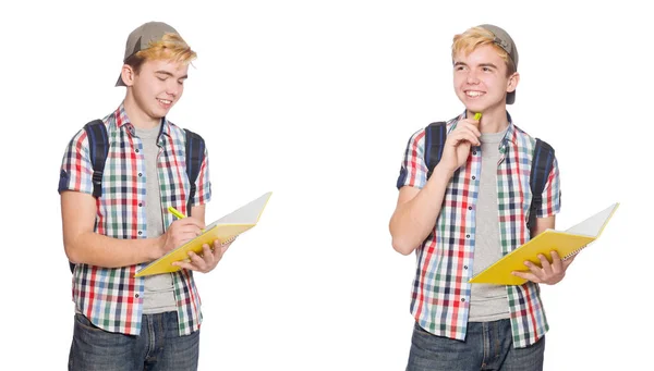 Estudante com mochila e notas isoladas em branco — Fotografia de Stock