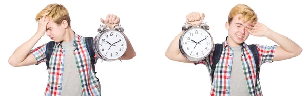 Menino com despertador no conceito de gerenciamento de tempo — Fotografia de Stock