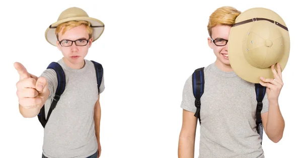 Junge mit Korkhelm und Rucksack — Stockfoto