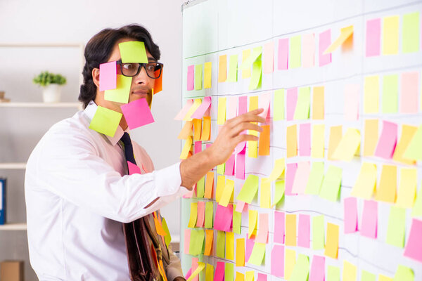 Young employee in conflicting priorities concept