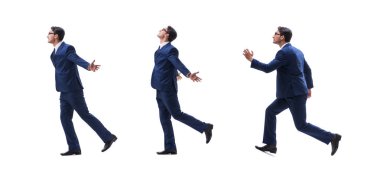 İşadamı yürüme ayakta yan görüntülemek izole üzerinde beyaz backgro