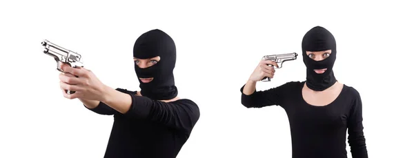 Burglar with handgun isolated on white — Stock Photo, Image