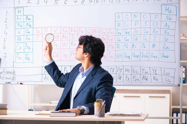 Young male chemistry teacher in front of periodic table — Stock Photo, Image