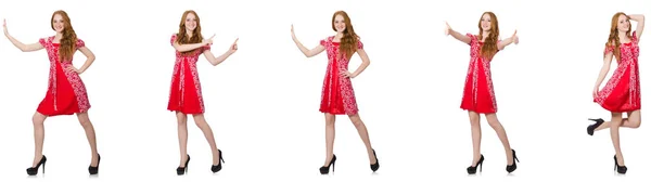 Redhead vrouw in rode jurk — Stockfoto