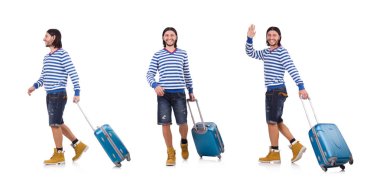 Bir turist üzerinde beyaz izole çanta ile