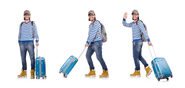 Junger Reisender mit Reisetasche isoliert auf weißem Grund — Stockfoto