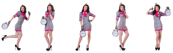 Giovane hostess con sveglia nel concetto di gestione del tempo — Foto Stock