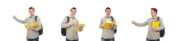 Усміхнений білий студент з рюкзаком і книгою ізольовані на w — стокове фото
