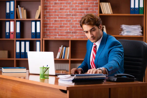 Jonge knappe werknemer zit in het kantoor — Stockfoto
