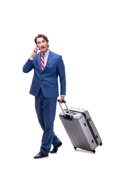 Junger gutaussehender Geschäftsmann mit Koffer isoliert auf weiß — Stockfoto