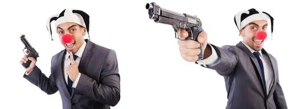 拳銃に面白いピエロ実業家 — ストック写真