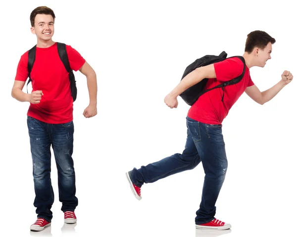 Jeune étudiant avec sac à dos isolé sur blanc — Photo