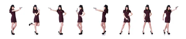 Gangster donna con pistola su bianco — Foto Stock