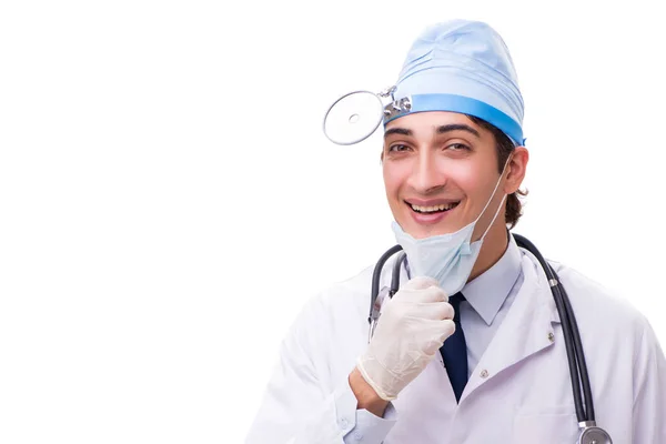 Jovem médico bonito otorrinolaringologista isolado em branco — Fotografia de Stock