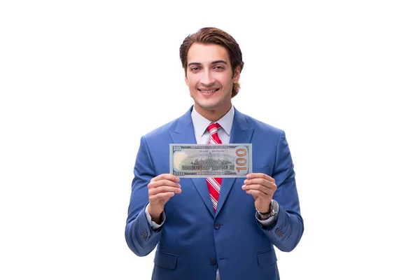 Elegant man with banknote isolated on white — Stock Photo, Image