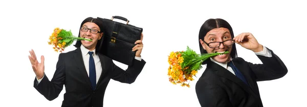 Красивый бизнесмен с цветами и коротеньким чемоданом, изолированным на Уит — стоковое фото