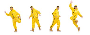 Sarı elbiseli modern dansçı, beyaz tenli.