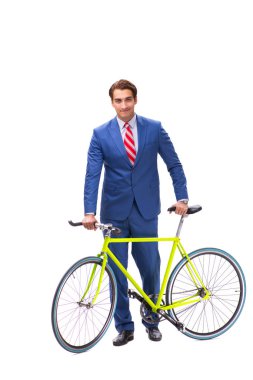 Genç işadamı işe gitmek için bisiklet kullanıyor.