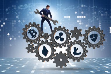 İşadamı cryptocurrency kavram somun anahtarı ile