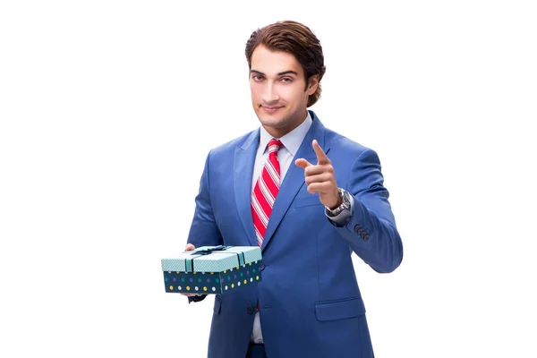 Κομψό επιχειρηματίας με giftbox απομονωμένα σε λευκό — Φωτογραφία Αρχείου