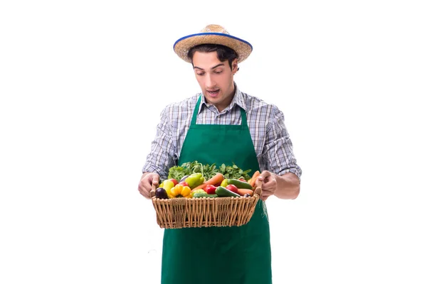 Ung jordbrukare med färska produkter isolerade på vit bakgrund — Stockfoto