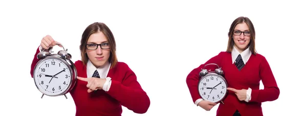 Office worker holding alarm clock isolated on white — Stock Photo, Image