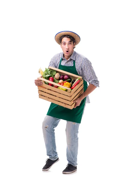 Fiatal mezőgazdasági termelő friss, fehér alapon izolált termékkel — Stock Fotó