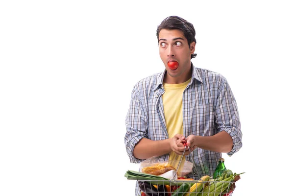 Jeune homme avec son épicerie sur blanc — Photo