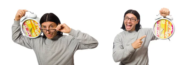 Homme drôle avec horloge isolé sur blanc — Photo