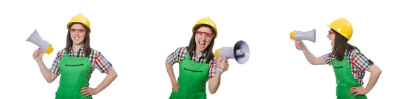 Vrouw met harde hoed met luidspreker — Stockfoto