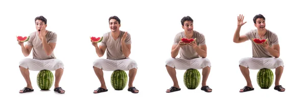 Fiatal férfi görögdinnyével elszigetelt fehér — Stock Fotó