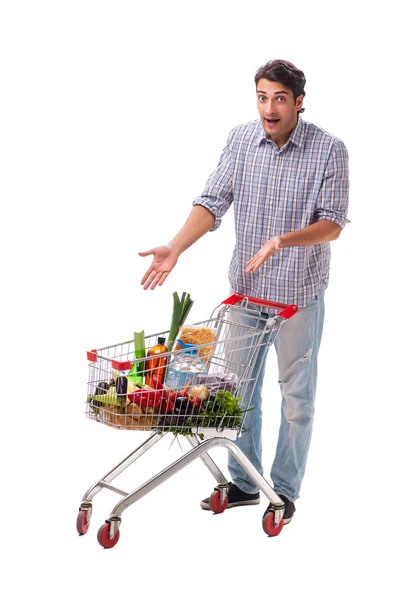 Jonge man met supermarkt kar trolley op wit — Stockfoto