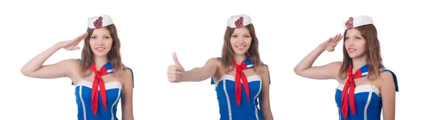 Young airhostess saluting isolated on white — Stock Photo, Image