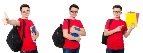 Jovem estudante com mochila isolada em branco — Fotografia de Stock