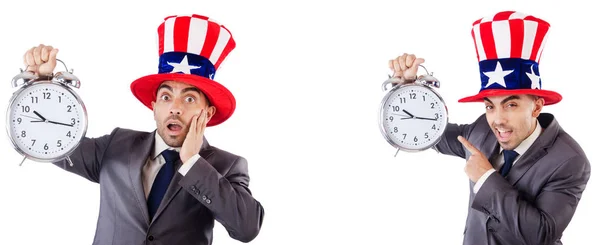Man med amerikansk hatt i tid management koncept — Stockfoto