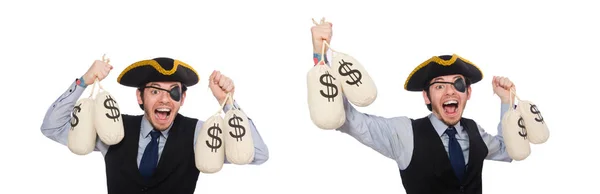 Homem de um olho com sacos de dinheiro isolados em branco — Fotografia de Stock